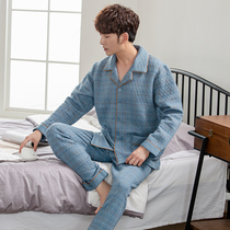 Autumn and winter mens pajamas laminated thick long sleeve cotton autumn and winter father middle-aged and elderly thin cotton air Cotton