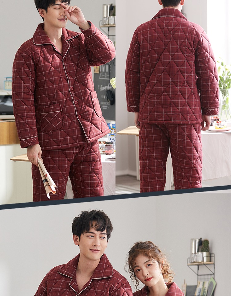 Bộ đồ ngủ đôi mùa đông dày ba lớp nam và nữ cotton cộng với bông đỏ lễ hội ấm áp phục vụ nhà hình ảnh đồ bộ kiểu