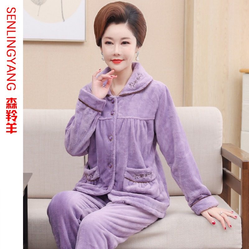 Mother Autumn Winter Warm Thickening Coral Suede Pyjamas Winter Middle-aged Woman Long Sleeve Flannel Flannel Jersey Home-Taobao