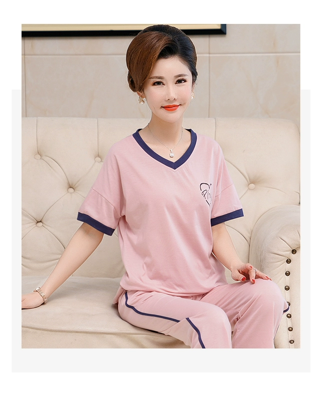 Bộ đồ ngủ nữ mùa hè cotton cổ tròn áo pull bà mẹ trung niên béo plus size phục vụ tại nhà quần tây ngắn tay phù hợp với - Giống cái