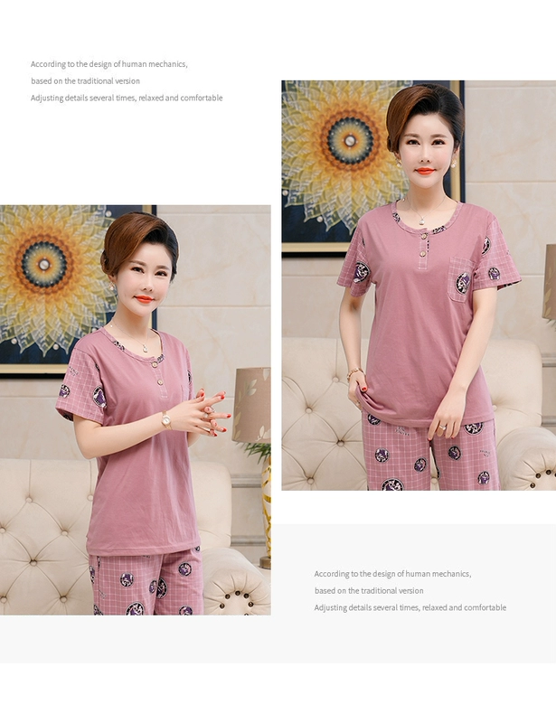 Bộ đồ ngủ nữ mùa hè cotton cổ tròn áo pull bà mẹ trung niên béo plus size phục vụ tại nhà quần tây ngắn tay phù hợp với - Giống cái