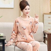 Middle-aged pajamas female autumn and winter coral velvet long sleeve home clothes flannel winter mother plus velvet warm set