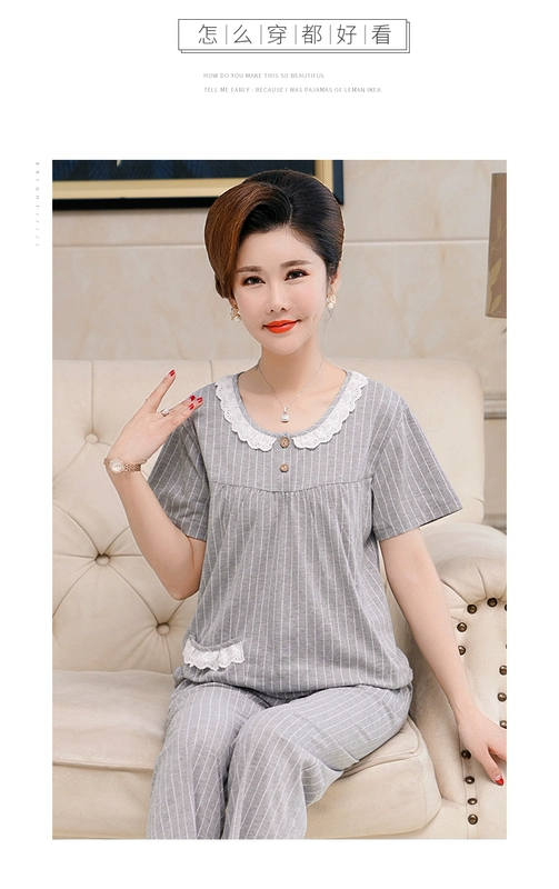 Bộ đồ ngủ nữ mùa hè cotton cổ tròn áo pull bà mẹ trung niên béo plus size phục vụ tại nhà quần tây ngắn tay phù hợp với - Giống cái