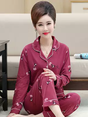 Middle-aged Lady Spring and Autumn long sleeve cotton pajamas plus fat plus size mother-in-law cotton two-piece home suit