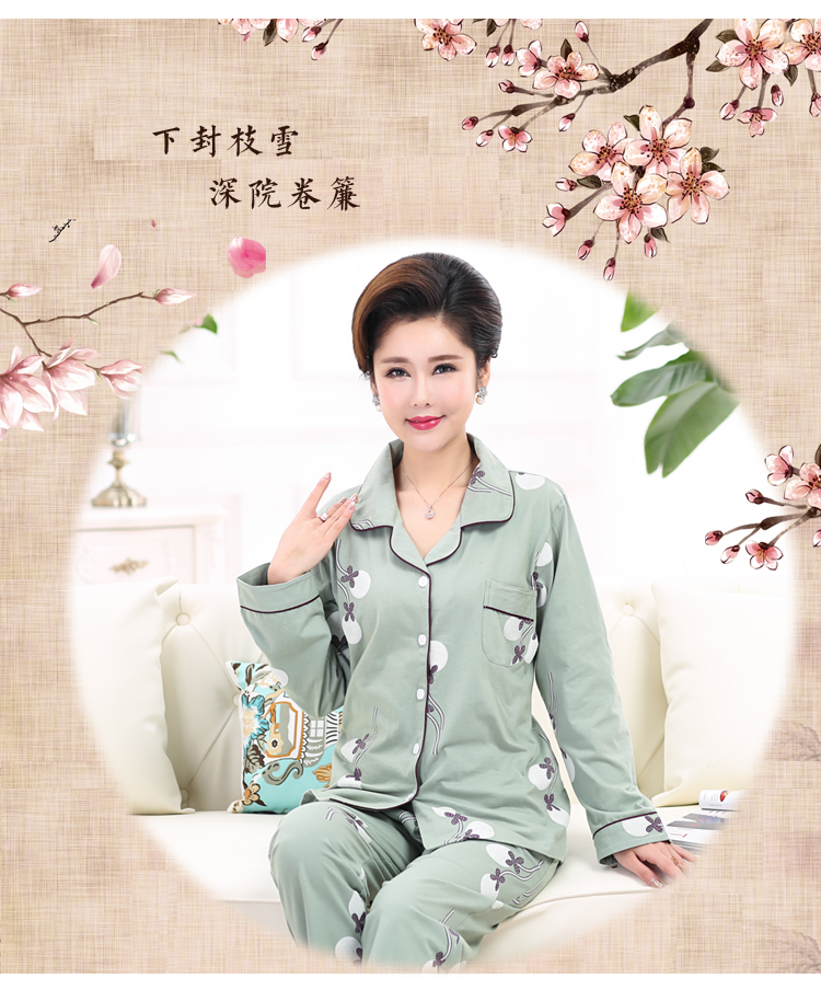 Bộ đồ ngủ dài tay cho phụ nữ trung niên bằng vải cotton hai mảnh dành cho phụ nữ trung niên pijama đôi