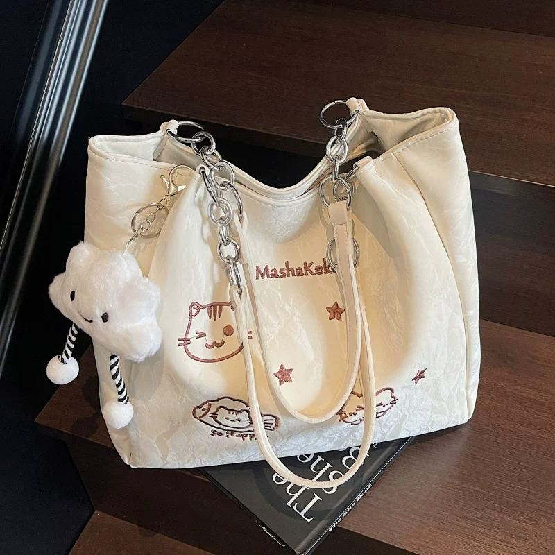 French Cherrie Kins Shoulder Bag Women's Niche Design Bag Embroidered Fashion Large-Capacity Commuter Tote Bag