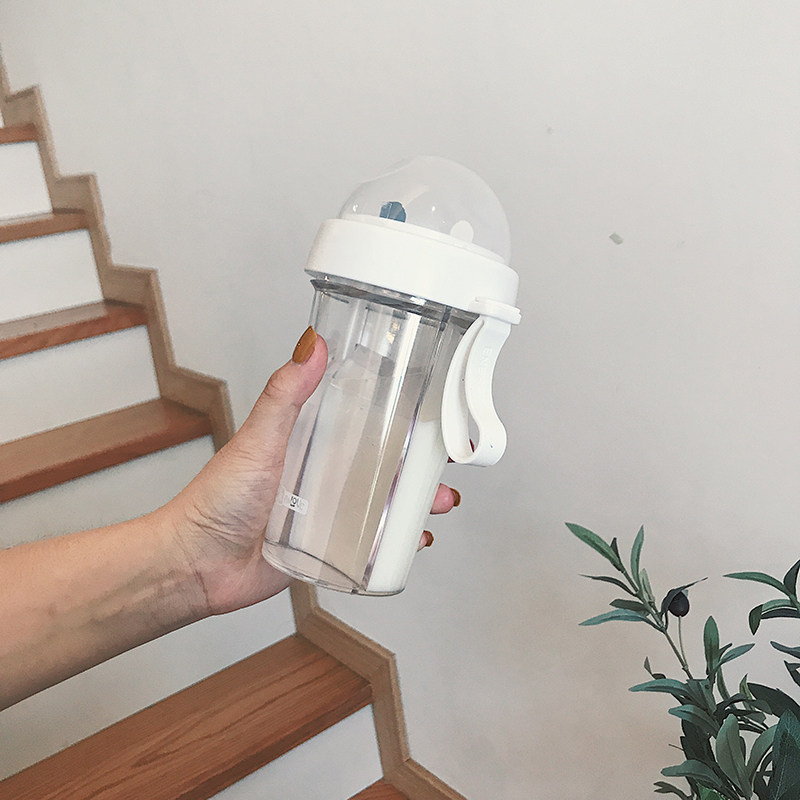 Transparent drinking straw double drink cup female simple and fresh Mori net red water cup plastic anti-fall portable adult cup ins