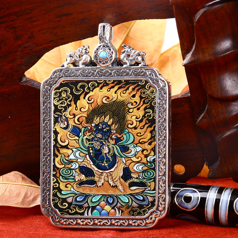 Pure hand-painted portable Thangka pendant Vajra Bodhisattva Buddha statue sterling silver garb box handmade Buddha decoration pendant