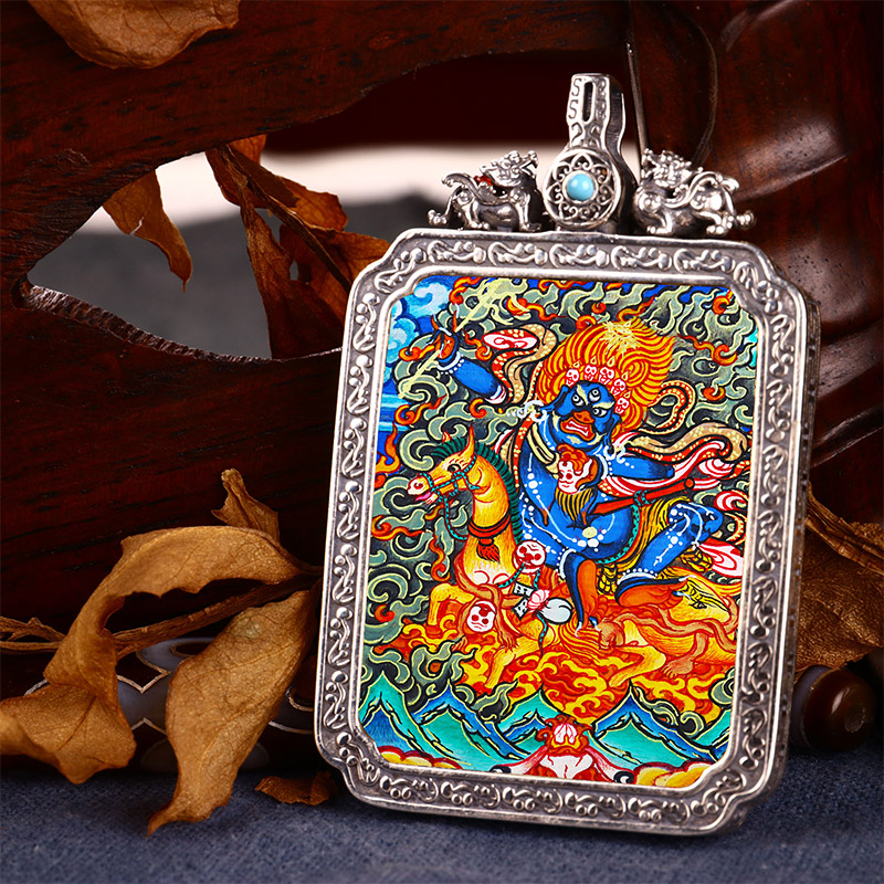 Tibetan Buddhism pure hand-painted black gold thangka pendant auspicious mother handmade sterling silver Gabu box Buddha pendant