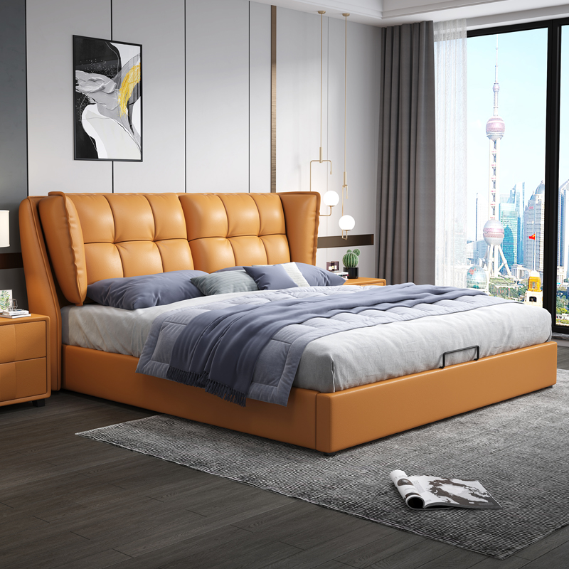 The Nordic zhen leather bed modern minimalist Double soft nuptial bed 1 8 m light luxury storage bed in the master bedroom tatami bed