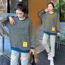 2021 Fall Striped long sleeve pure cotton blouse Korean version Large code Female dress Fat sister Loose Cover Slim Fit Clothing