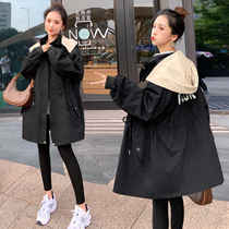 Fashion Big Code Medium Long jacket 2021 New Korean version Cashew Cashew Slim Splicing and Cap Windcoat