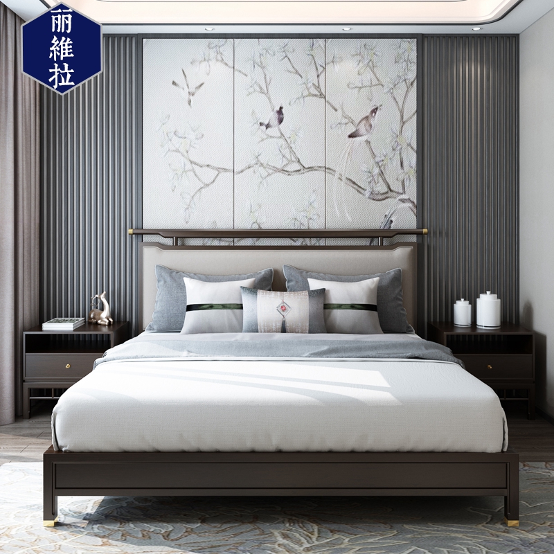 New Chinese-style fabric bed modern light luxury minimalist master bedroom solid wood bed villa hotel homestay high-end retro furniture