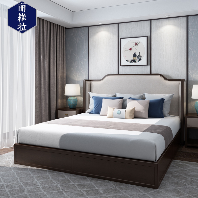 Modern new Chinese leather fabric solid wood double bed zen model room villa hotel homestay bedroom furniture