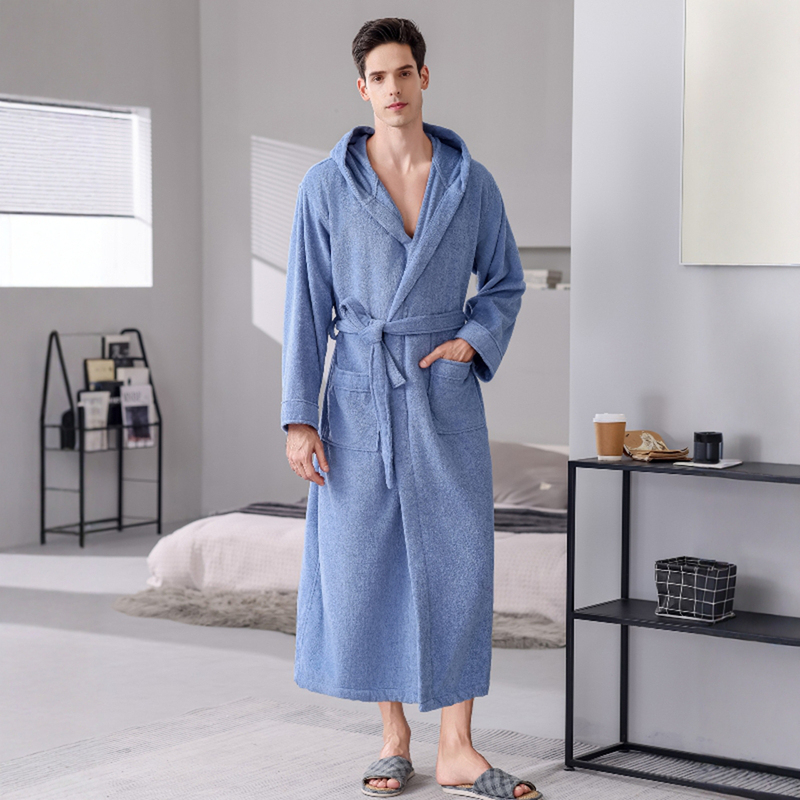 Men's Bathrobe Made of Pure Cotton Towel Material, Absorbent and Quick-Drying, 2025 New Autumn and Winter Pajamas, Thickened with Hood, All-Cotton Robe