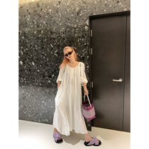 vcruan Ahigovina white dress womens 2022 summer new loose round neck mid-length skirt