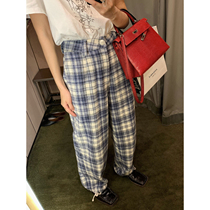 Ashigo vcruan Maniko closed senior blue plaid pants women early autumn 2021 New loose wide leg pants
