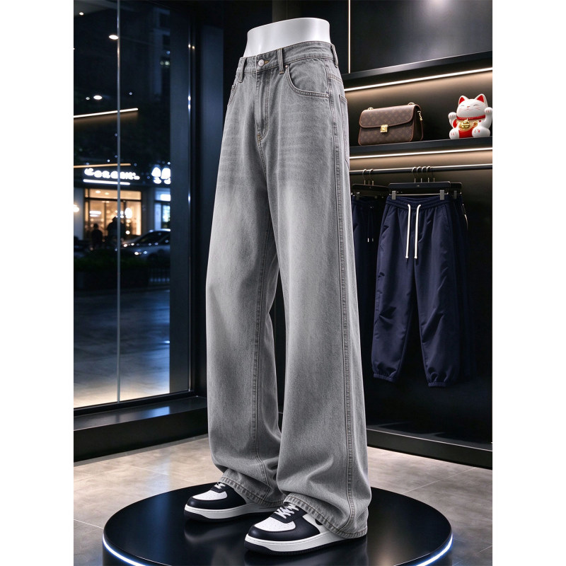 High Street Washed Whiskered Jeans for Men, American Style Loose Casual Gray Tie-Dye Mid-Waist Zippered Straight-Leg Pants