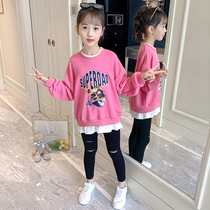 Girl Spring and Autumn Sweater 2021 New Early Autumn Children Korean version of the child foreign style fake two little girl coat tide