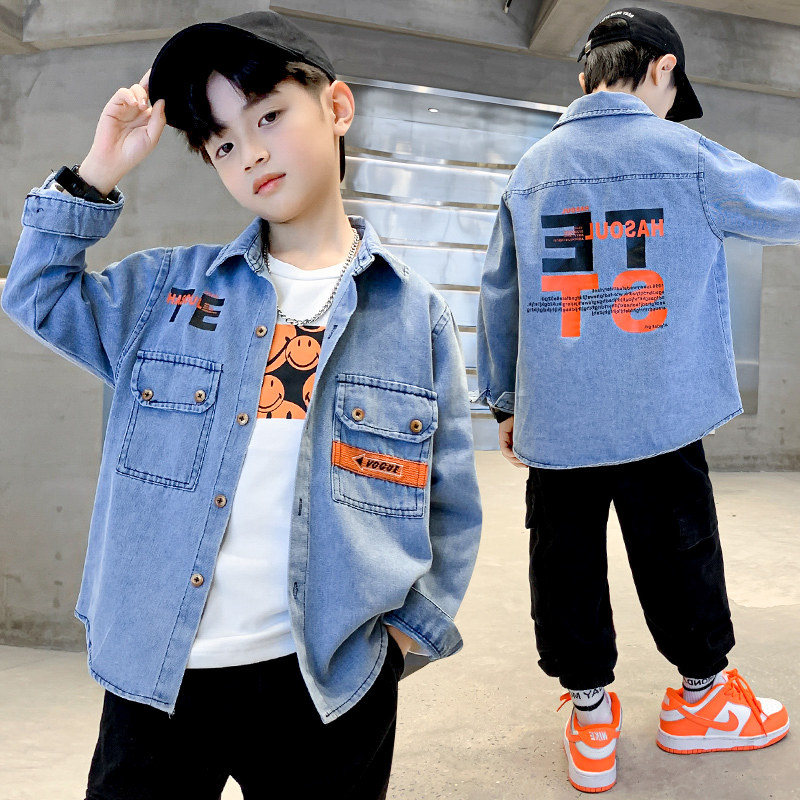 Boy's denim shirt 2022 new children's spring and autumn Chinese CUHK child casual blouse handsome boy with long sleeve shirt 