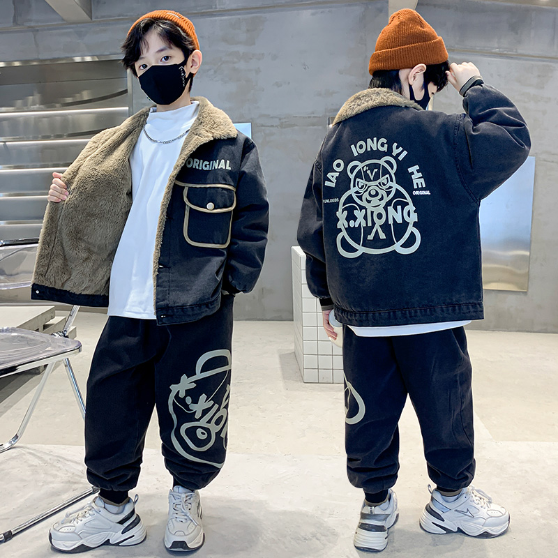 Boy Autumn Winter Dress Denim Suit 2022 New Winter Tide Children Boy Two Sets CUHK Child Plus Suede Thickening 