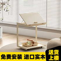Balcony table movable small coffee table mini bedroom living room home cream style side table solid wood side table with wheels