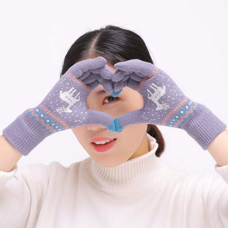Jacquard wool gloves female winter Korean version of the trendy student autumn and winter thickened warm cute knitted five-finger touch screen gloves