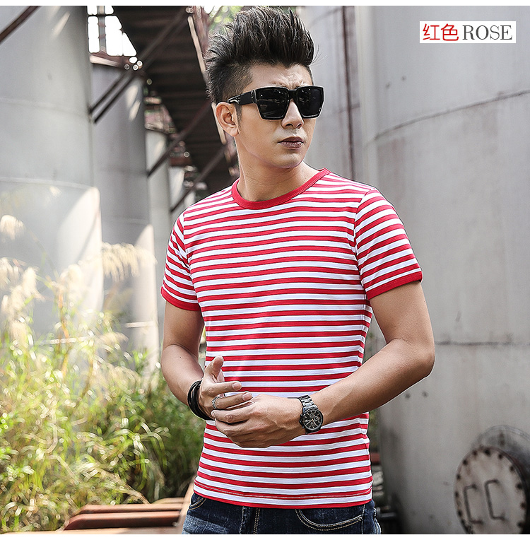 Biển linh hồn áo sơ mi nam ngắn tay t-shirt hải quân tùy chỉnh phong cách Slim cotton vòng cổ nửa tay áo màu xanh và trắng sọc những người yêu thích mùa hè