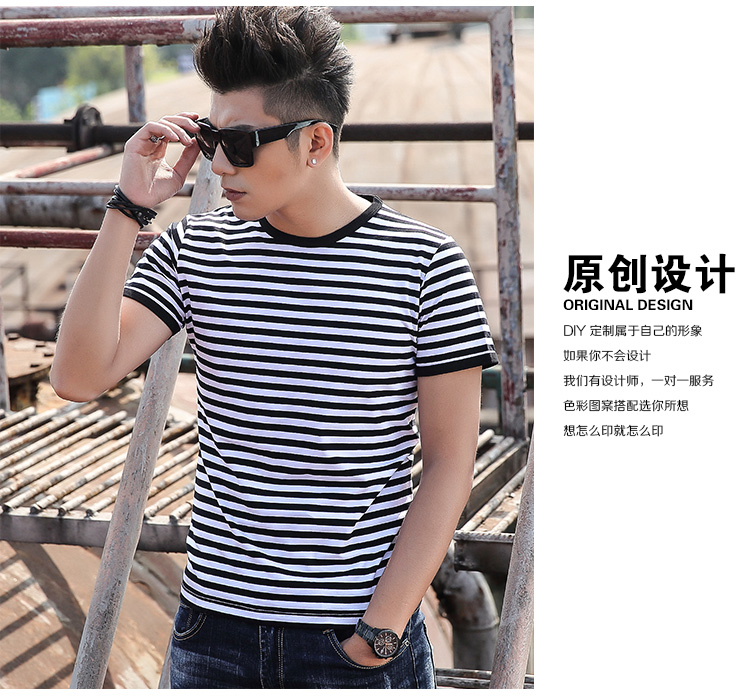 Biển linh hồn áo sơ mi nam ngắn tay t-shirt hải quân tùy chỉnh phong cách Slim cotton vòng cổ nửa tay áo màu xanh và trắng sọc những người yêu thích mùa hè