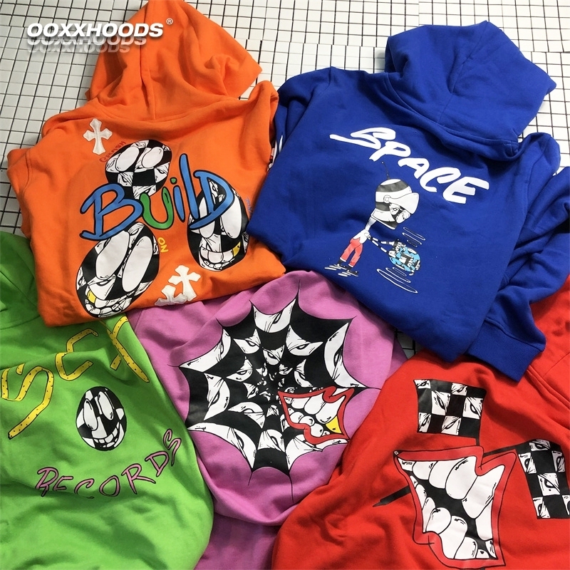 Rainbow-Colored Clown Cartoon Fun Pattern Pure Cotton Hooded Thin Pullover Sweatshirt with Cross Flower Arm Design Trendy Brand Hoodie
