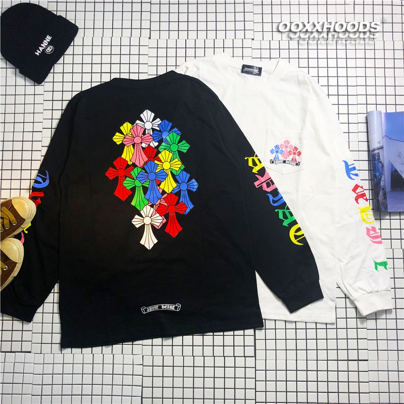 Colorful World Cross Multi-Logo Floral Arm Print Base Tee Loose Oversize Trendy Long-Sleeve T-Shirt Colorful World Cross Multi-Logo Floral Arm Print Base Tee Loose Oversize Trendy Long-Sleeve T-Shirt