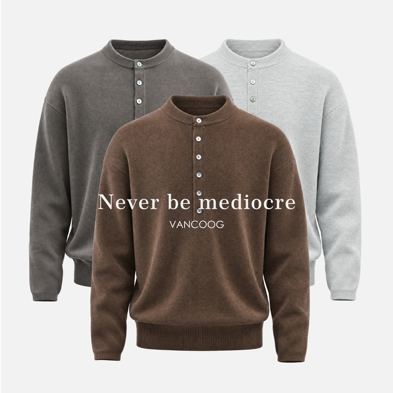 Men's Autumn American-Style Trendy Loose-Fitting Sweater with Henry Collar, Casual Pullover, Wool Blend Knit Sweater