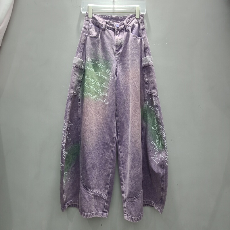 American High Street Style Lettered Tie-Dye Purple Scimitar Jeans for Women, 2026 Autumn Trendy Loose Casual Wide-Leg Pants American High Street Style Lettered Tie-Dye Purple Scimitar Jeans for Women, 2026 Autumn Trendy Loose Casual Wide-Leg Pants