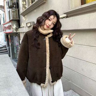 Eco-friendly lamb wool thickened stand collar motorcycle jacket for women