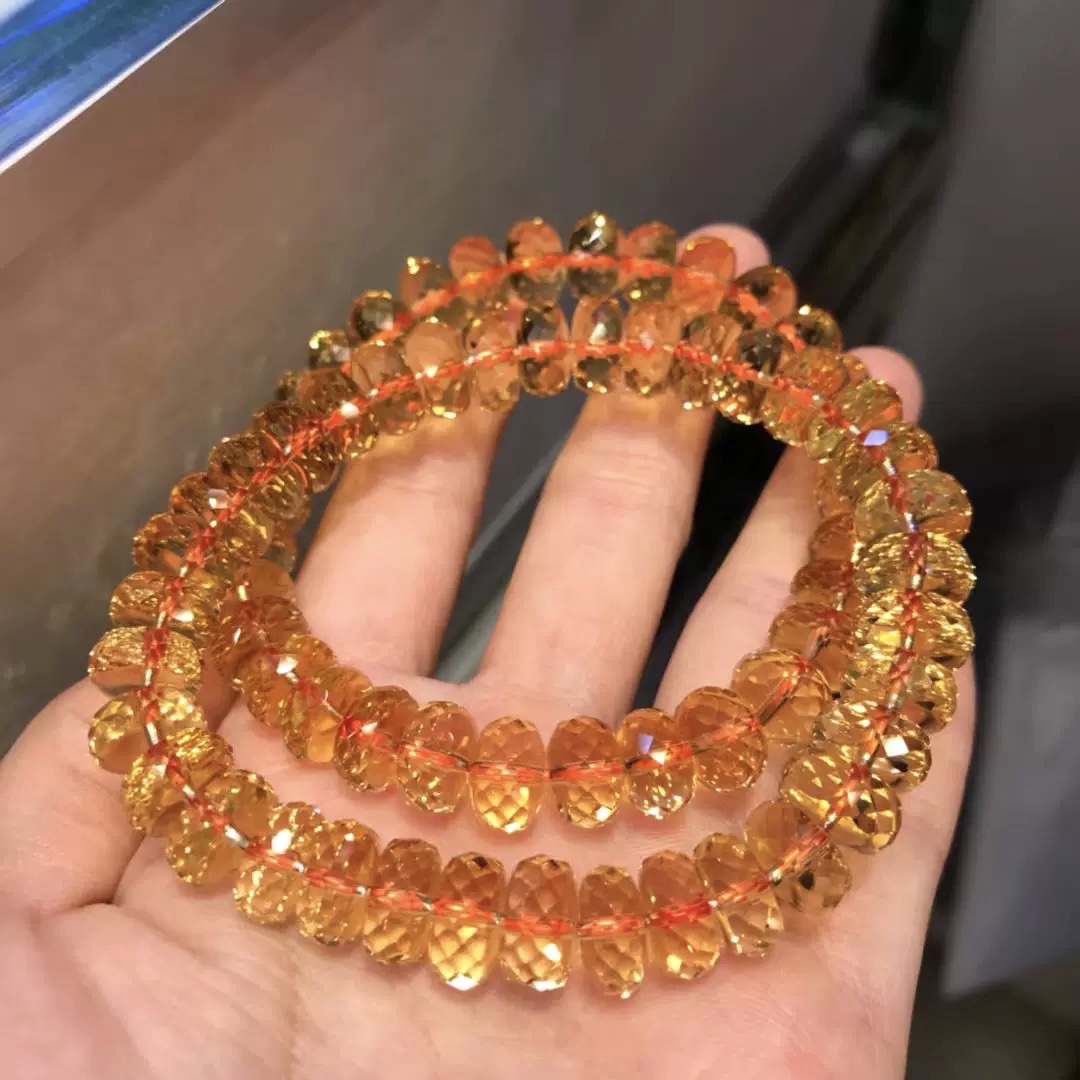 7a コレクションレベルのオレンジイエローの天然ブラジル産ファセットイエロークリスタルブレスレット（女性用）、ホイールビーズ付きブレスレットギフト