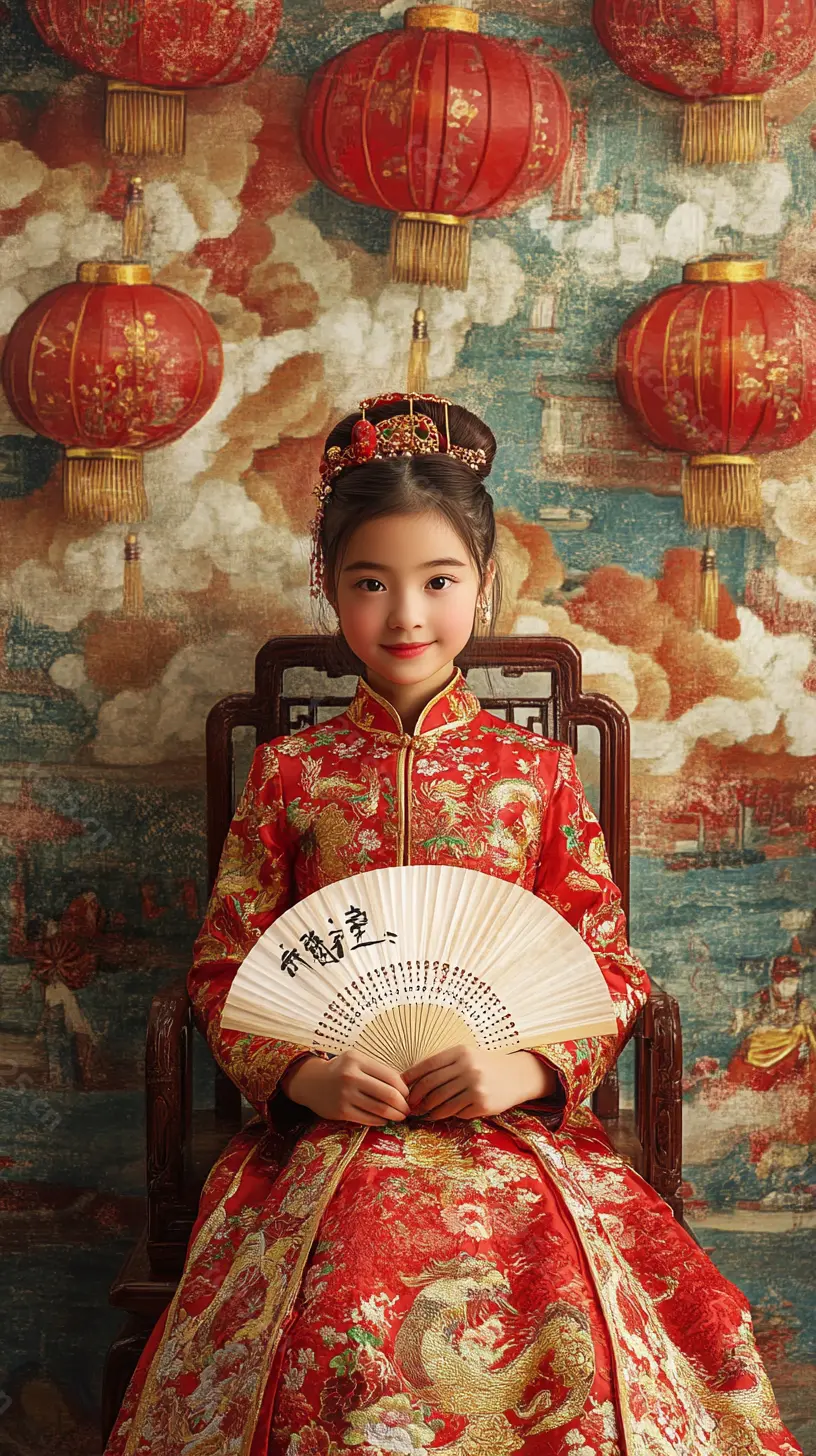 图片[8]-红金华服少女扇舞迎春midjounney提示词、stable-diffusion-pormpt-天城私塾