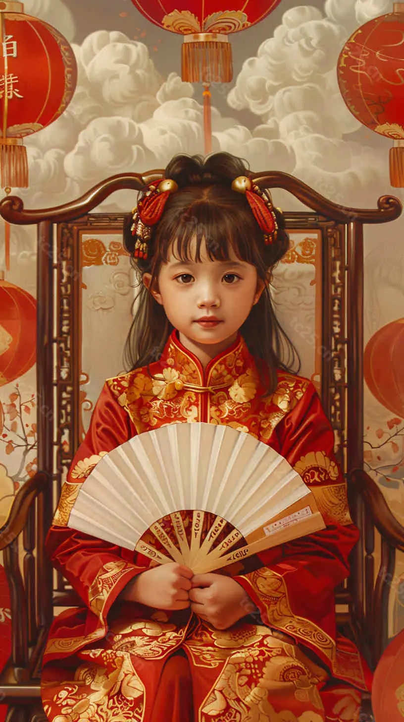 图片[2]-红金华服少女扇舞迎春midjounney提示词、stable-diffusion-pormpt-天城私塾