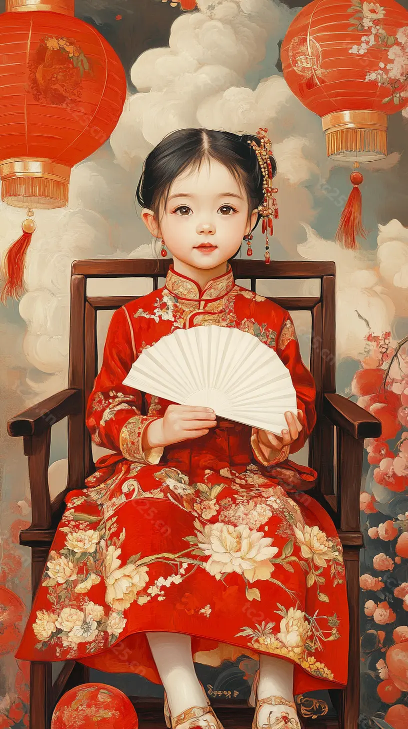 图片[9]-红金华服少女扇舞迎春midjounney提示词、stable-diffusion-pormpt-天城私塾