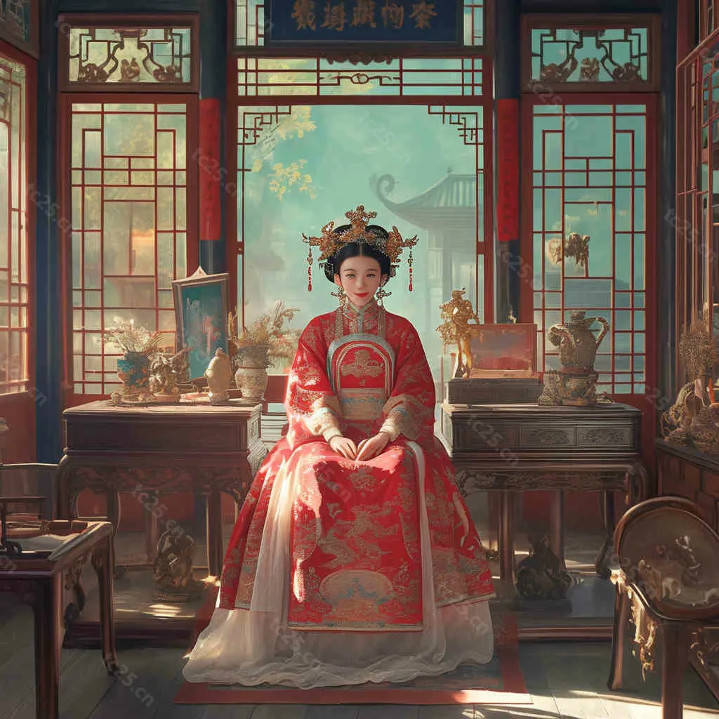 图片[5]-红金华服少女扇舞迎春midjounney提示词、stable-diffusion-pormpt-天城私塾