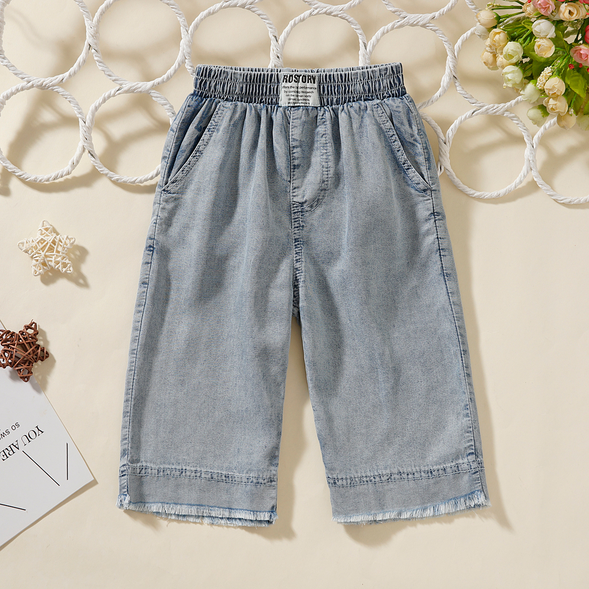 Trẻ em béo chân quần mất cậu bé mùa hè trẻ em mỏng chín điểm denim rộng chân quần short cô gái la hét trẻ em 褲