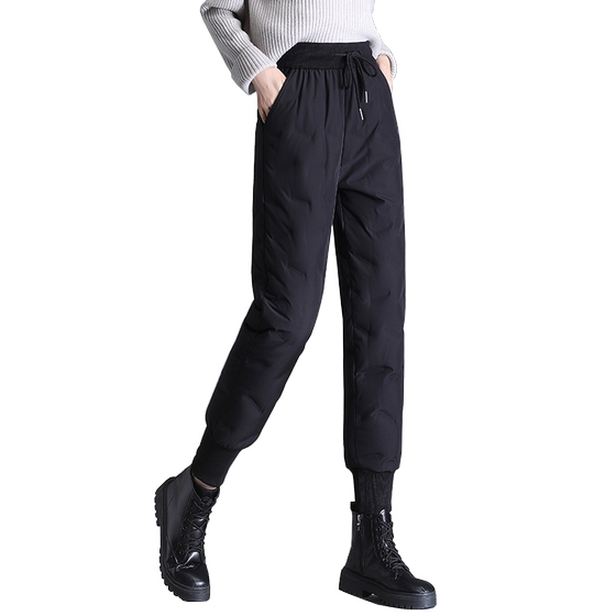 Waterproof down pants for women's outer wear, fashionable high-waisted 2023 new thickened warm and cold-proof leg-tie women's cotton pants for winter
