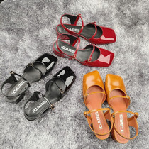Niche Carel Mary Jane retro Baotou sandals summer one word buckle patent leather wide feet fat feet thick heel womens shoes