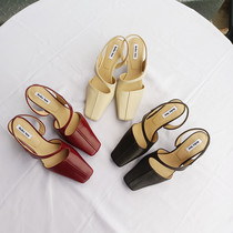 Niche retro Reike nen back empty toe sandals 22 years new solid color elegant elastic strap mid-heel shoes