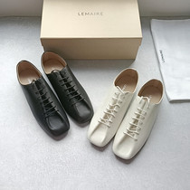 Super soft and does not wear feet ~ niche lemaire square head lace-up low-heeled shoes solid color full leather retro comfortable womens shoes
