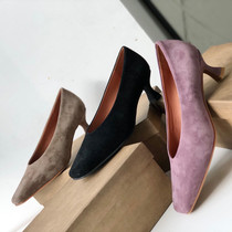 Commuter simple sheep suede 4 5CM cat heels square toe stiletto thin and comfortable soft bottom shallow mouth retro single shoes women