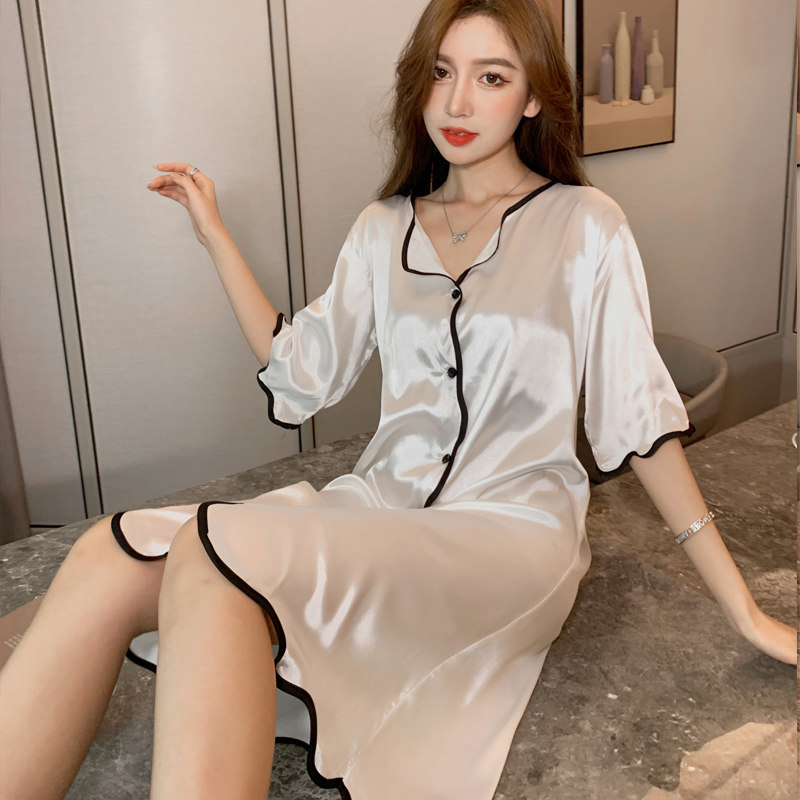Japanese GP Ice Silk Sleeping Dress Woman Summer Thin medium Long version half sleeve sexy real silk pyjamas cardiovert pregnant woman with large size
