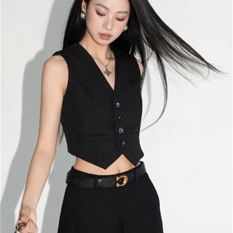 Original Design Short Blazer Vest Short Jacket for Women, New Spring/Summer High-End Trendy V-Neck Black Waistcoat