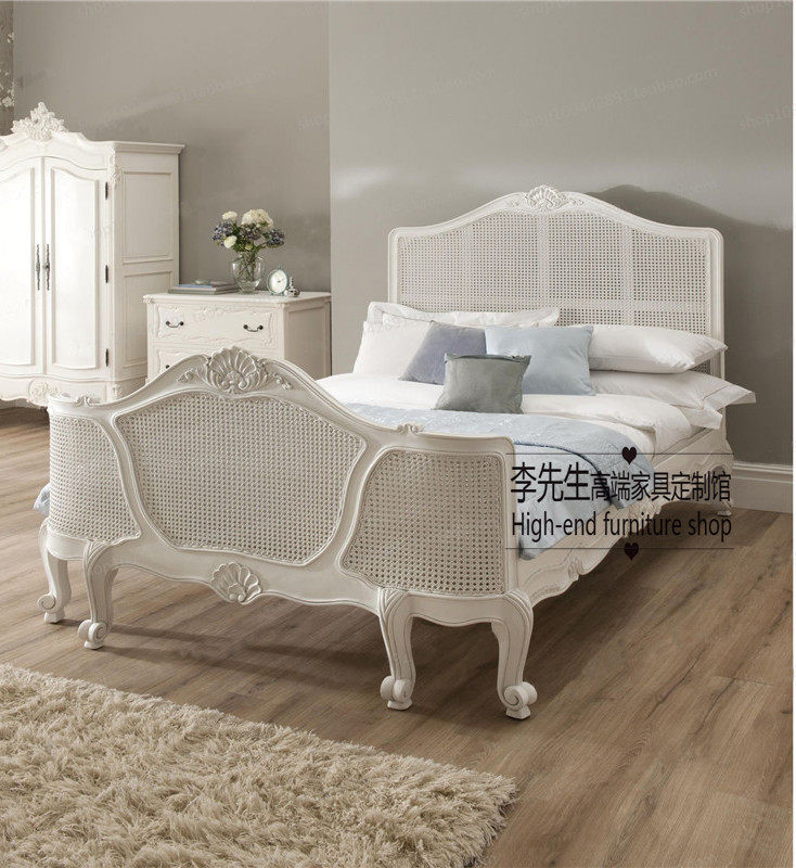 High-end custom furniture method style retro rattan bed rattan double man bed European and American style oak wood carved princess bed wedding bed-Taobao