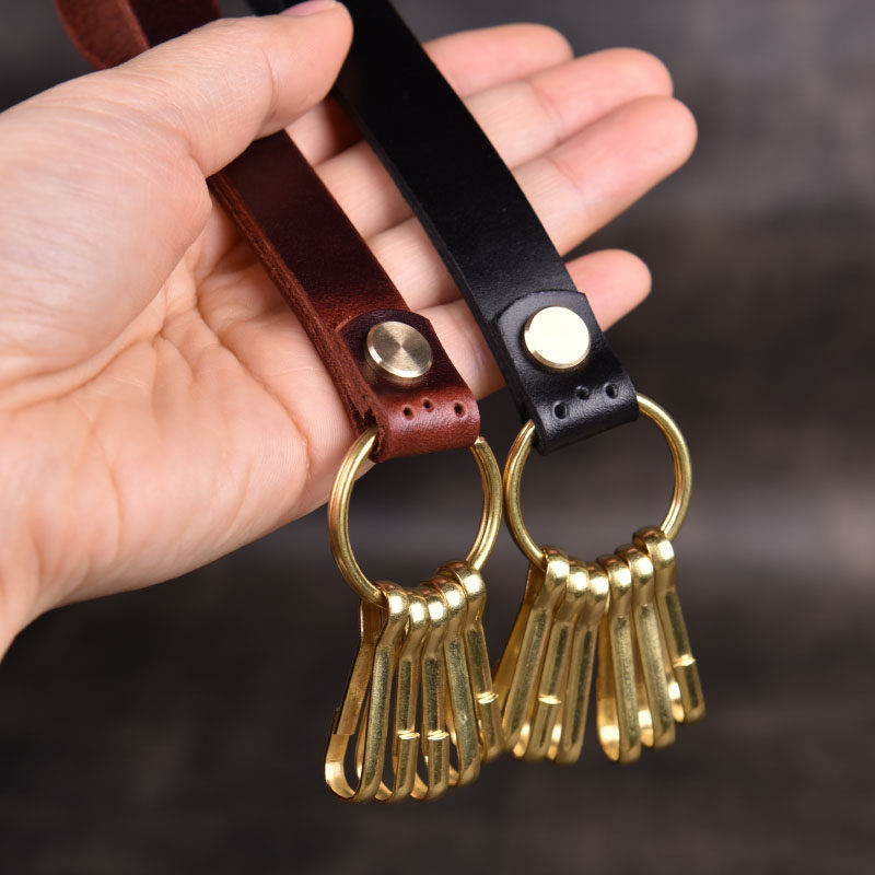 Pure handmade leather car keychain men's and women's first layer cowhide key pendant pure copper key ring gift simple