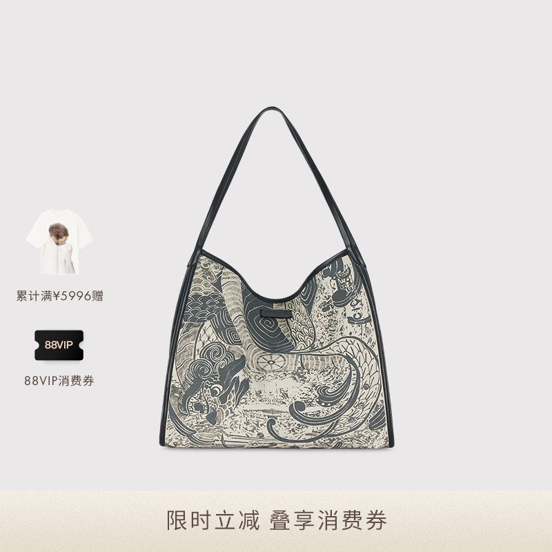 Icicle Women's Clothing 2026 Spring New Linen Cotton Plain Weave Chinese Mythology Print Tote Bag